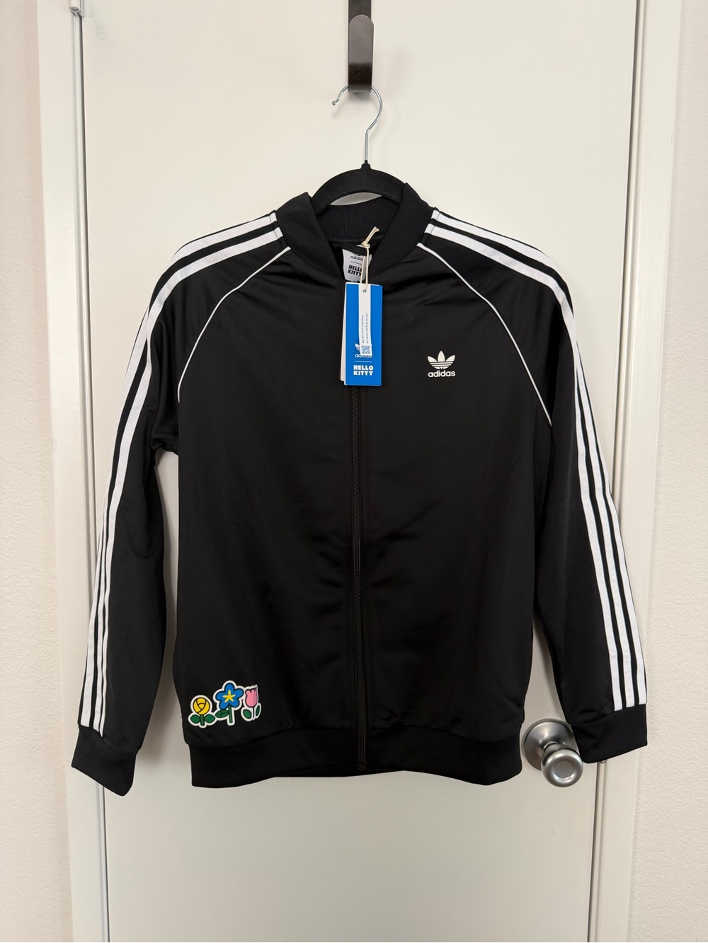 adidas Black Track Jacket with White Stripes and Floral Embroidered Patch